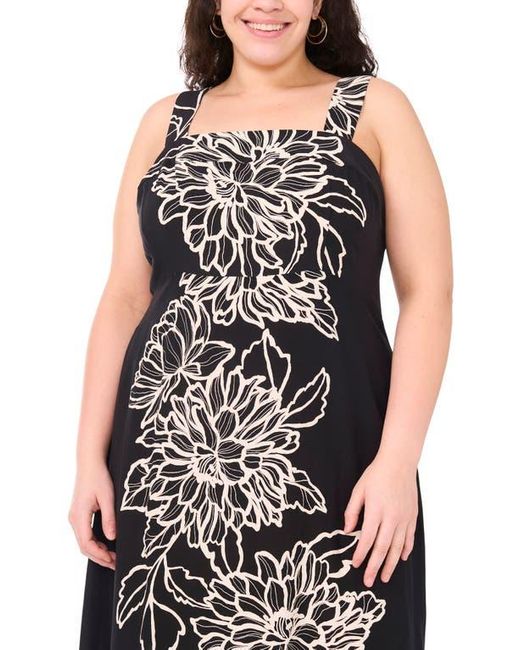 Vince Camuto Black Plus Size Floral Square-neck Smocked-back Sleeveless Maxi Dress