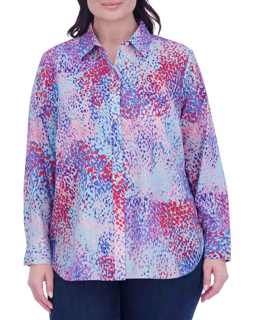 Foxcroft Blue Meghan Abstract Print Linen Blend Button-up Shirt