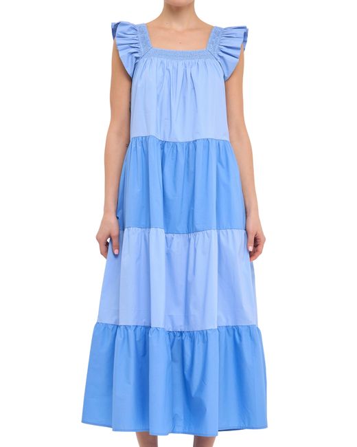 English Factory Blue Flutter Sleeve Colorblock Cotton Midi Dress