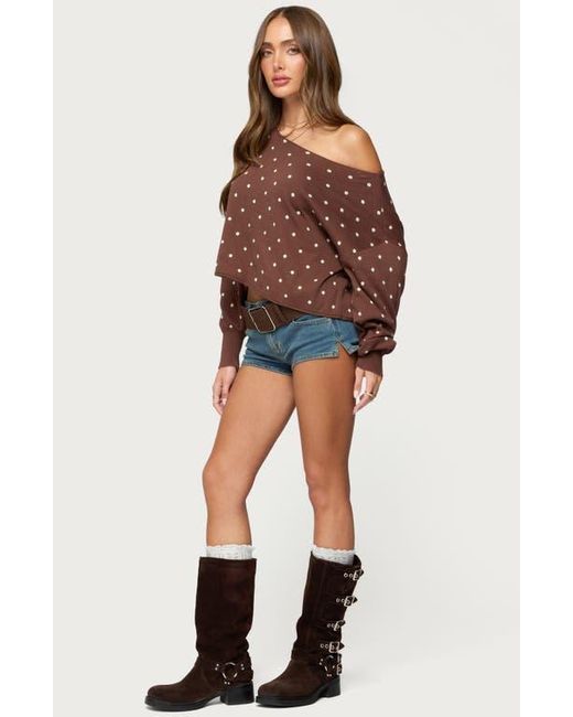 Edikted Brown Oversize Off The Shoulder Polka Dot Sweater