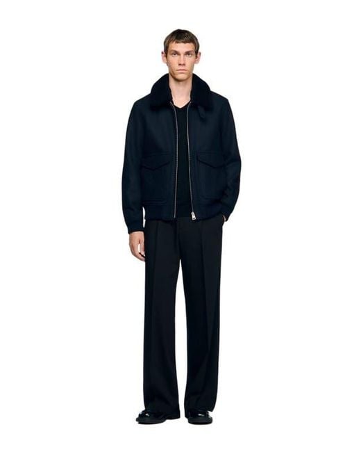 Sandro Blue Wool Aviator Jacket With Shearling for men