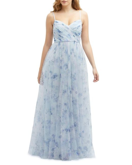 Dessy Collection Blue Floral A-line Chiffon Gown