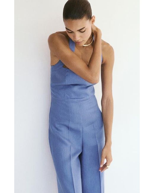 Mango Blue Solid Linen Halter Jumpsuit