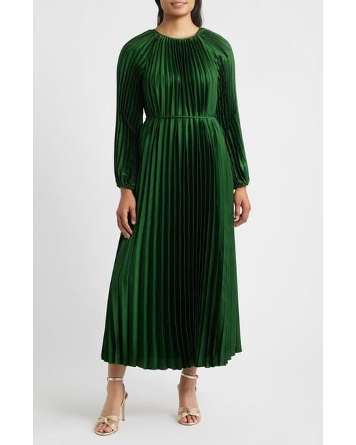 Julia Jordan Green Pleated Long Sleeve Satin Midi Dress