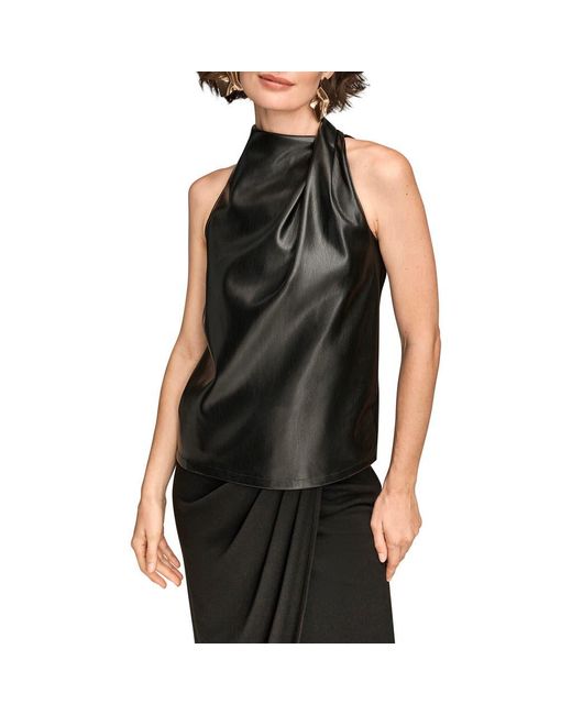 Donna Karan Black Mixed Media Sleeveless Faux Leather Top