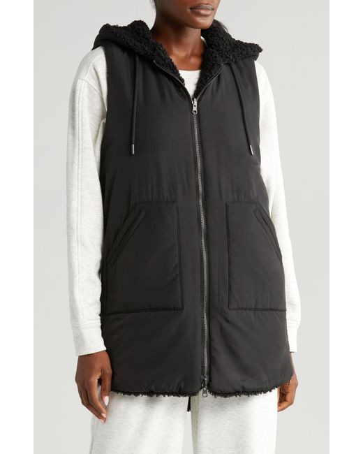 Zella Black Cozy Insulated Hooded Faux Shearling Reversible Vest