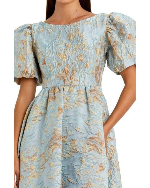 Mac Duggal Blue Brocade High-Low Gown With Puff Sleeves
