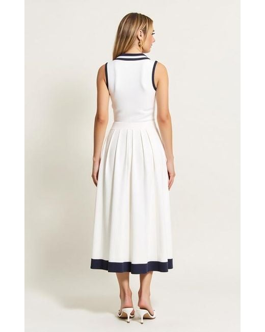 Modenaire White Sleeveless Knit Midi Dress With Contrast Collar And Hem Detail