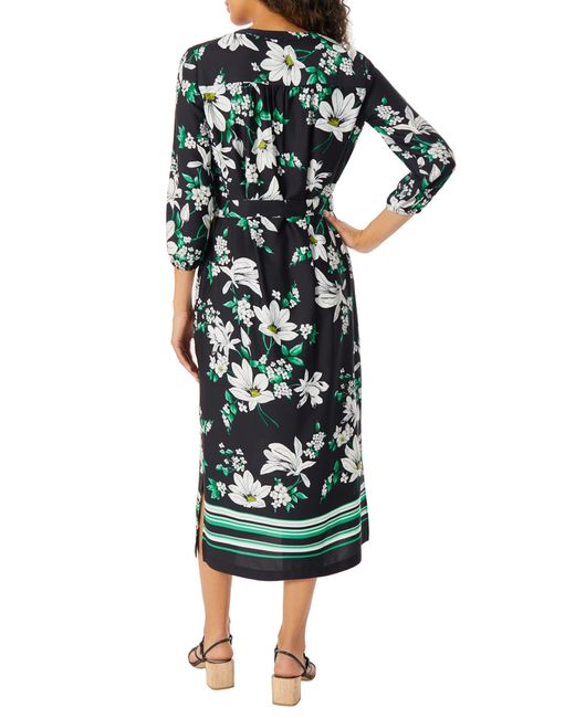 Jones New York Green Floral Belted Three-quarter Sleeves Midi Dress