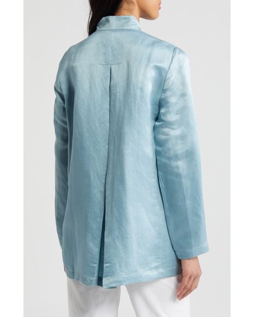 Eileen Fisher Blue Stand Collar Organic Linen & Silk Jacket