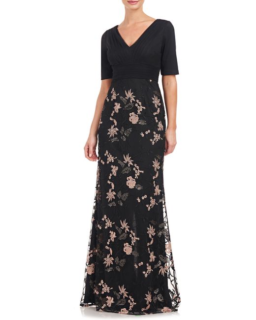 JS Collections Black Lennon Sequin & Embroidery Gown