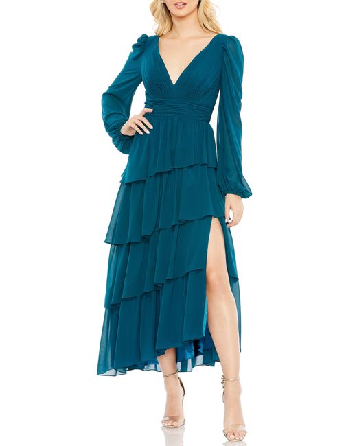 Mac Duggal Long Sleeve Tiered Ruffle Dress in Blue | Lyst