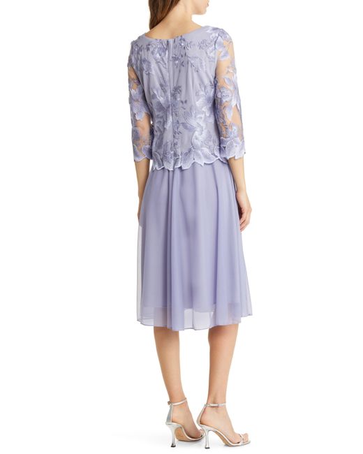 Alex Evenings Purple Illusion Sleeve Embroidered Midi Dress