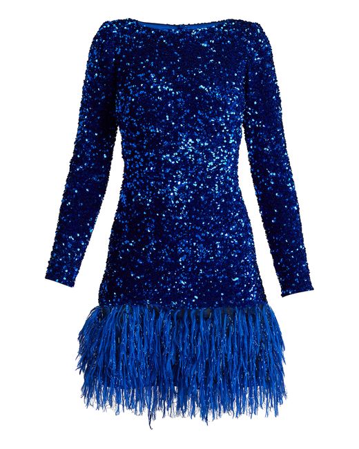 SHO by Tadashi Shoji Blue Sequin Feather Trim Long Sleeve Cocktail Dress