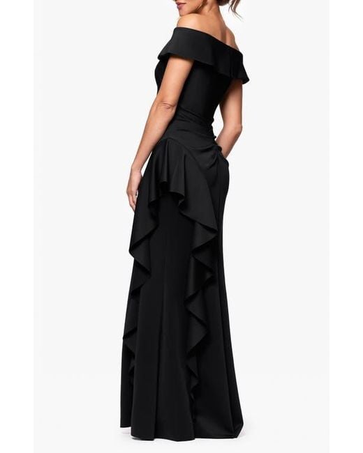 Xscape Evenings Black Ruffle Off The Shoulder Scuba Knit Gown