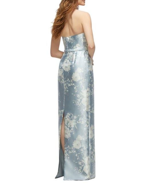 Alfred Sung Blue Floral Strapless Bow Belt Satin Twill Column Gown