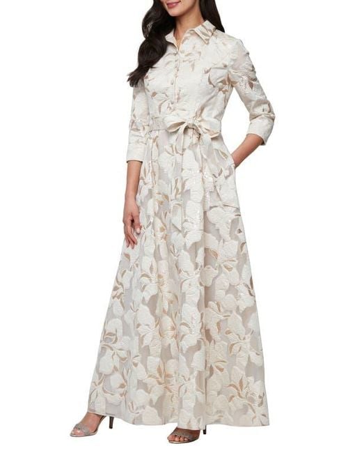 Alex Evenings Natural Metallic Jacquard Tie Waist Gown