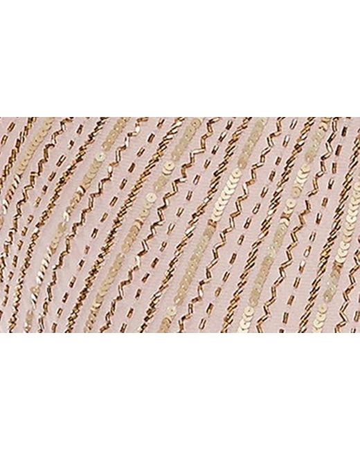 Mac Duggal Natural Sequin Stripe Long Sleeve Sheath Gown
