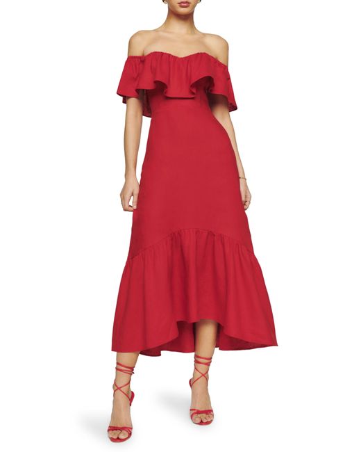 Reformation Baela Ruffle Off The Shoulder Linen Dress in Red Lyst