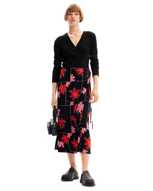 Desigual Black Floral Long Sleeve Wrap Midi Dress