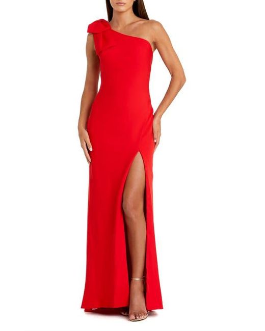 Mac Duggal Red One-Shoulder Stretch-Crepe Gown With Oversized Bow & Thigh-High Slit