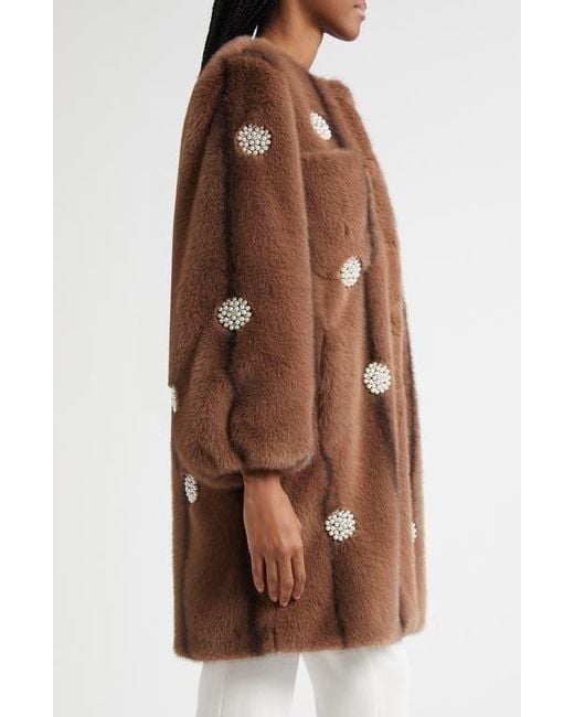 Cinq À Sept Brown Faux Pearl & Crystal Detail Faux Fur Coat