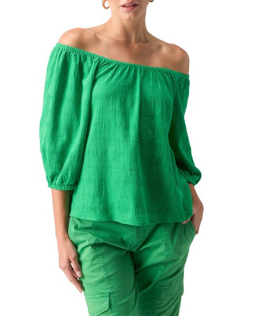 Sanctuary Green Beach To Bar Off The Shoulder Textured Cotton Top