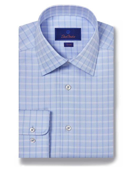 David Donahue Blue Trim Fit Check Royal Oxford Dress Shirt for men