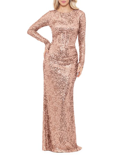 Betsy & Adam Multicolor Sequin Corset Long Sleeve Gown