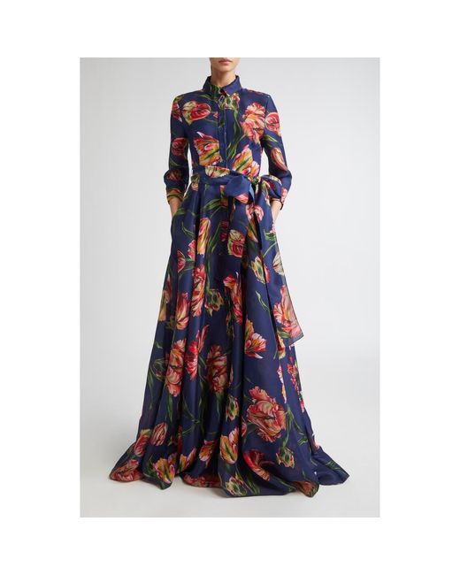 Carolina Herrera Blue Tulip Print Silk Gazar Trench Gown