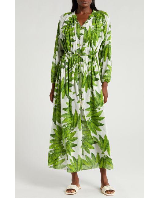 Farm Rio Green Palm Fan Long Sleeve Cotton Cover-up Maxi Dress