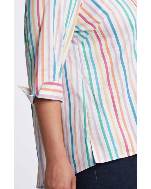 Foxcroft White Agnes Rainbow Stripe Three-quarter Sleeve Cotton Popover Top