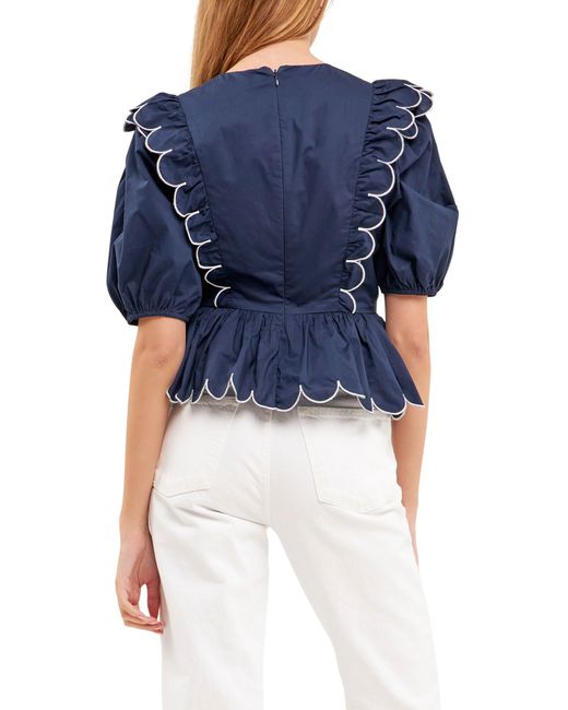 English Factory Blue Contrast Scalloped Trim Cotton Top