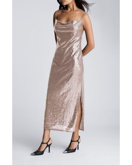 Kenneth Cole Natural Sequin Cowl Neck Midi Slipdress