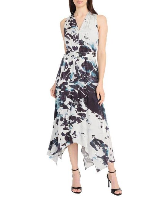 Maggy London Blue Abstract Print Belted Handkerchief Hem Midi Dress