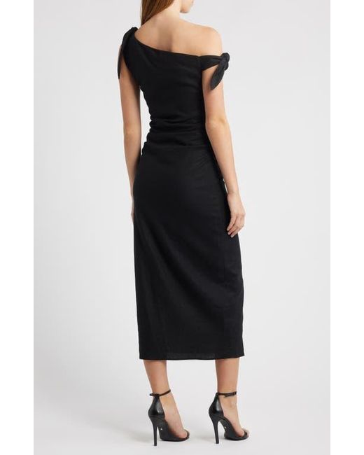 Wayf Black Clio Tie Shoulder Linen Blend Midi Dress