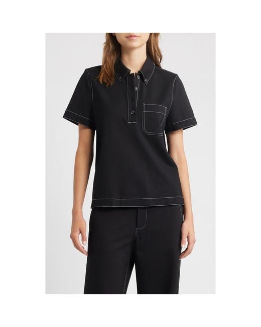 Rag & Bone Black Irina Contrast Stitch Button-Down Polo