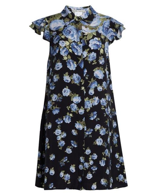 Alice + Olivia Blue Jem Floral Ruffle Sleeve Mini Shirtdress