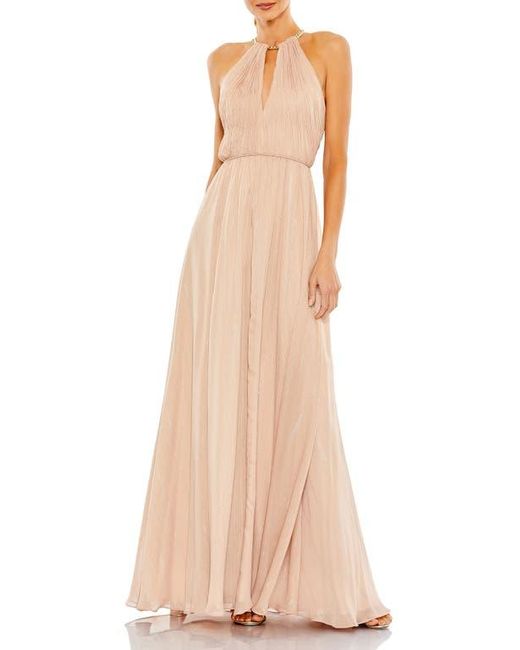 Mac Duggal Natural Chain Trim Keyhole Halter Neck A Line Gown