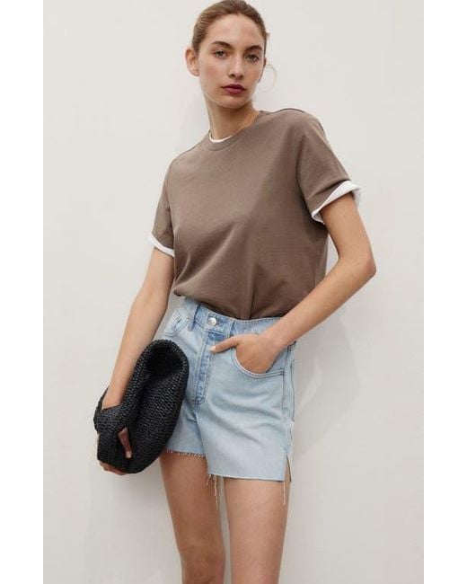 Mango Blue Button Fly Fray Hem Denim Shorts