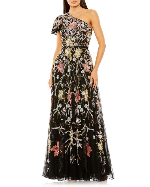 Mac Duggal Black Sequin Floral One-shoulder Mesh A-line Gown