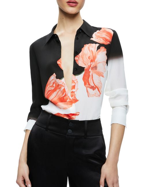 Alice + Olivia Black Alice + Olivia Brady Floral Slim Fit Silk Button-up Shirt