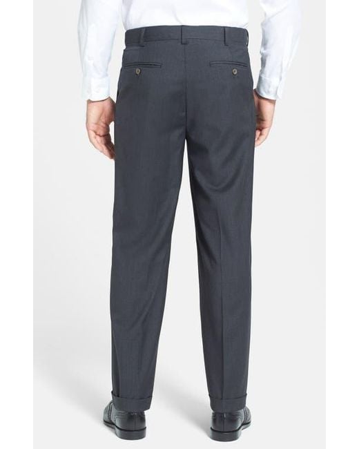 Berle Blue Self Sizer Waist Pleated Lightweight Plain Weave Classic Fit Trousers for men