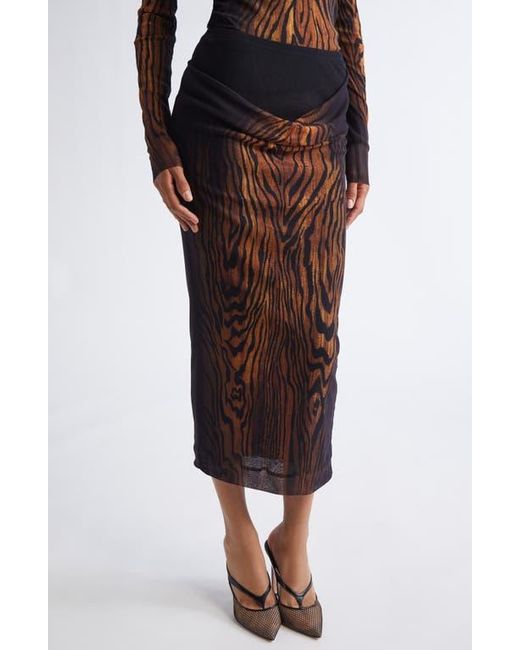 Jean Paul Gaultier Brown Double Layer Wood Print Mesh Midi Skirt