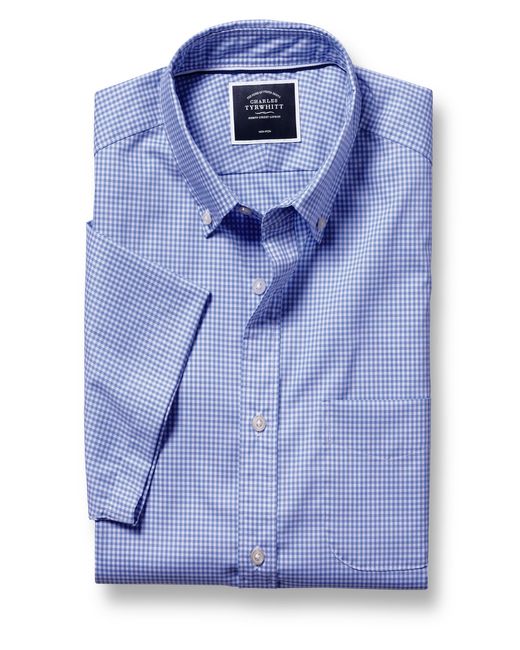 Charles Tyrwhitt Blue Slim Fit Button-down Collar Non-iron Stretch Mini Gingham Short Sleeve Shirt for men