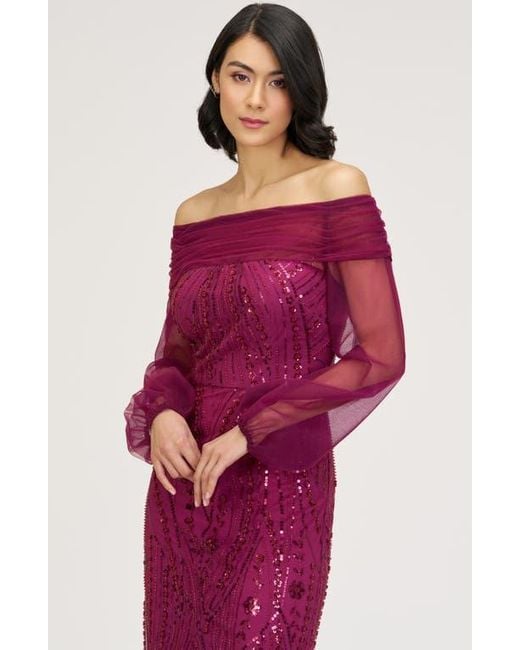 JS Collections Savannah Embellished Off The Shoulder Long Sleeve Chiffon  Column Gown in Purple | Lyst