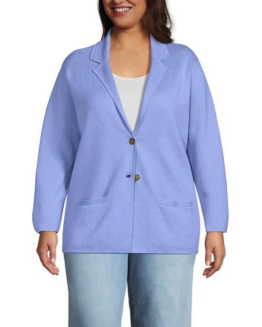 Lands' End Blue Fine Gauge Cotton Button Front Blazer Sweater