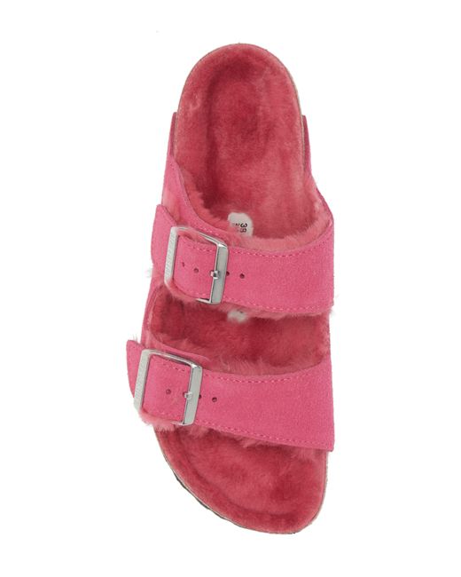 Birkenstock Arizona Genuine Shearling Lined Slide Sandal In Pink | Lyst