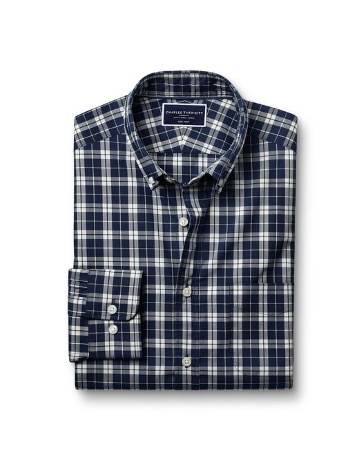 Charles Tyrwhitt Blue Slim Fit Button-down Collar Non-iron Stretch Poplin Check Shirt for men