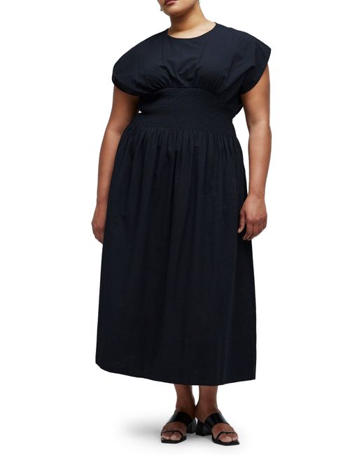 Madewell Black Stripe Smocked Waist Seersucker Midi Dress
